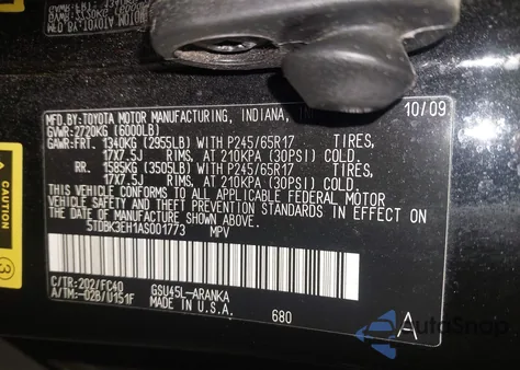 2010 Toyota Highlander Base V6 z USA, uszkodzony, nr VIN 5TDBK3EH1AS001773